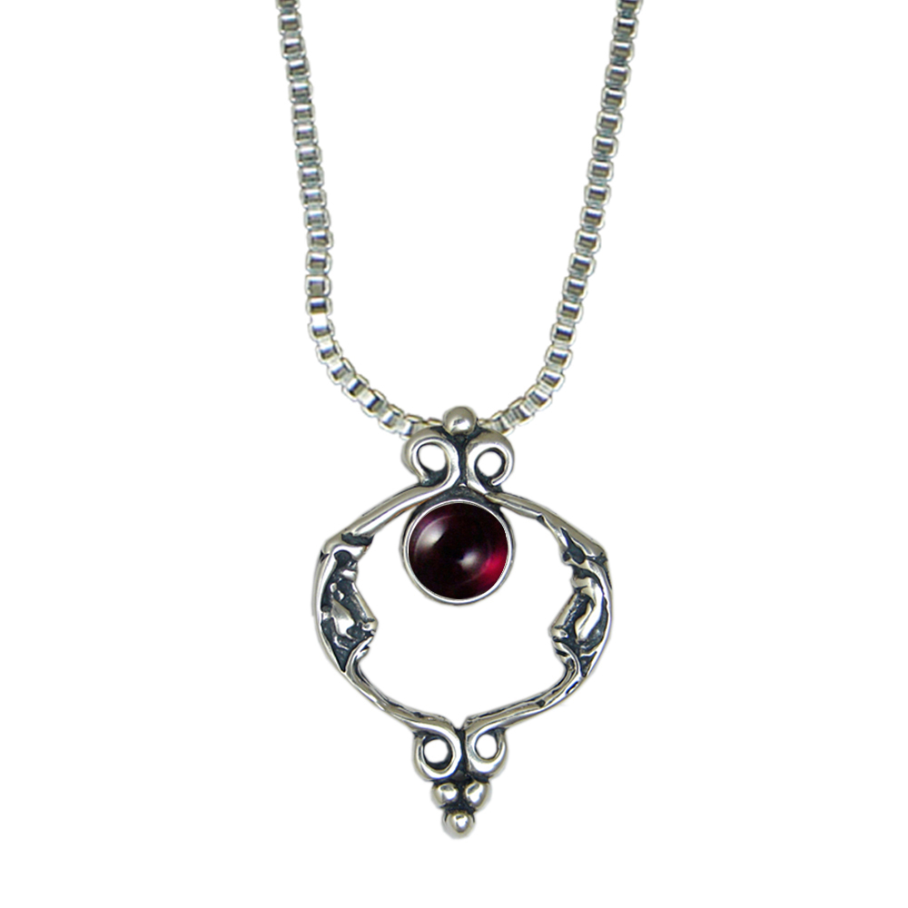 Sterling Silver Unusual Double Moon Necklace With Garnet